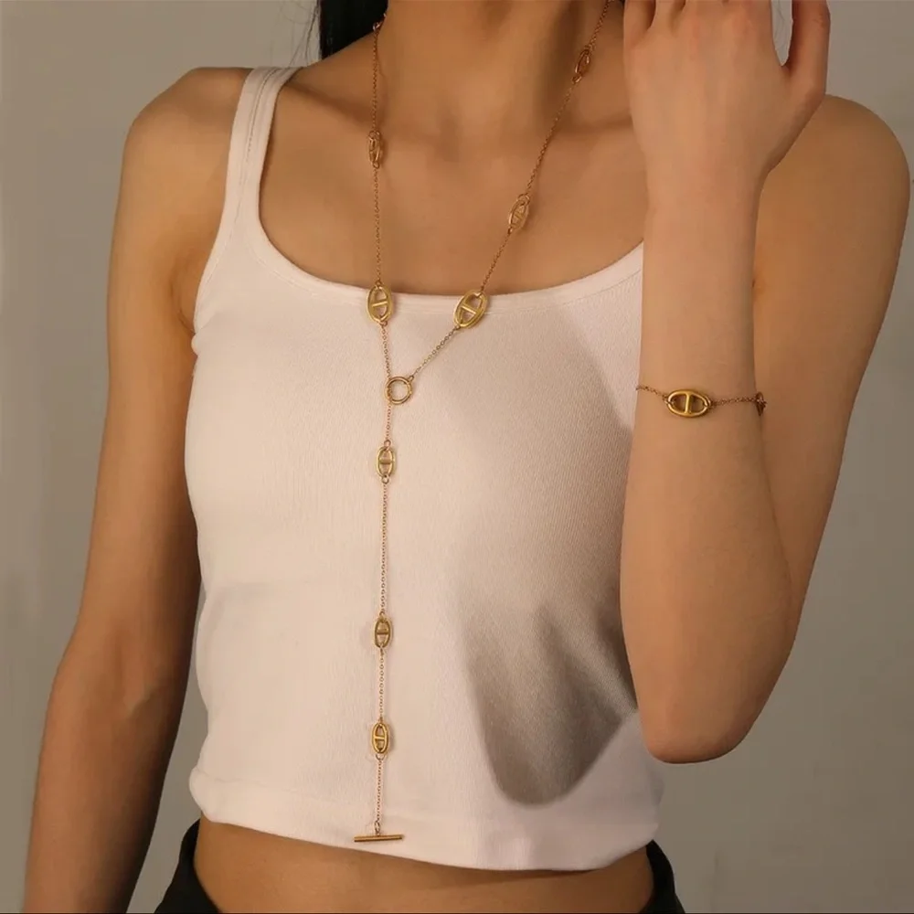 Multilayer Gold Plated Pig nose Necklace Bracelet Set Stainless Steel